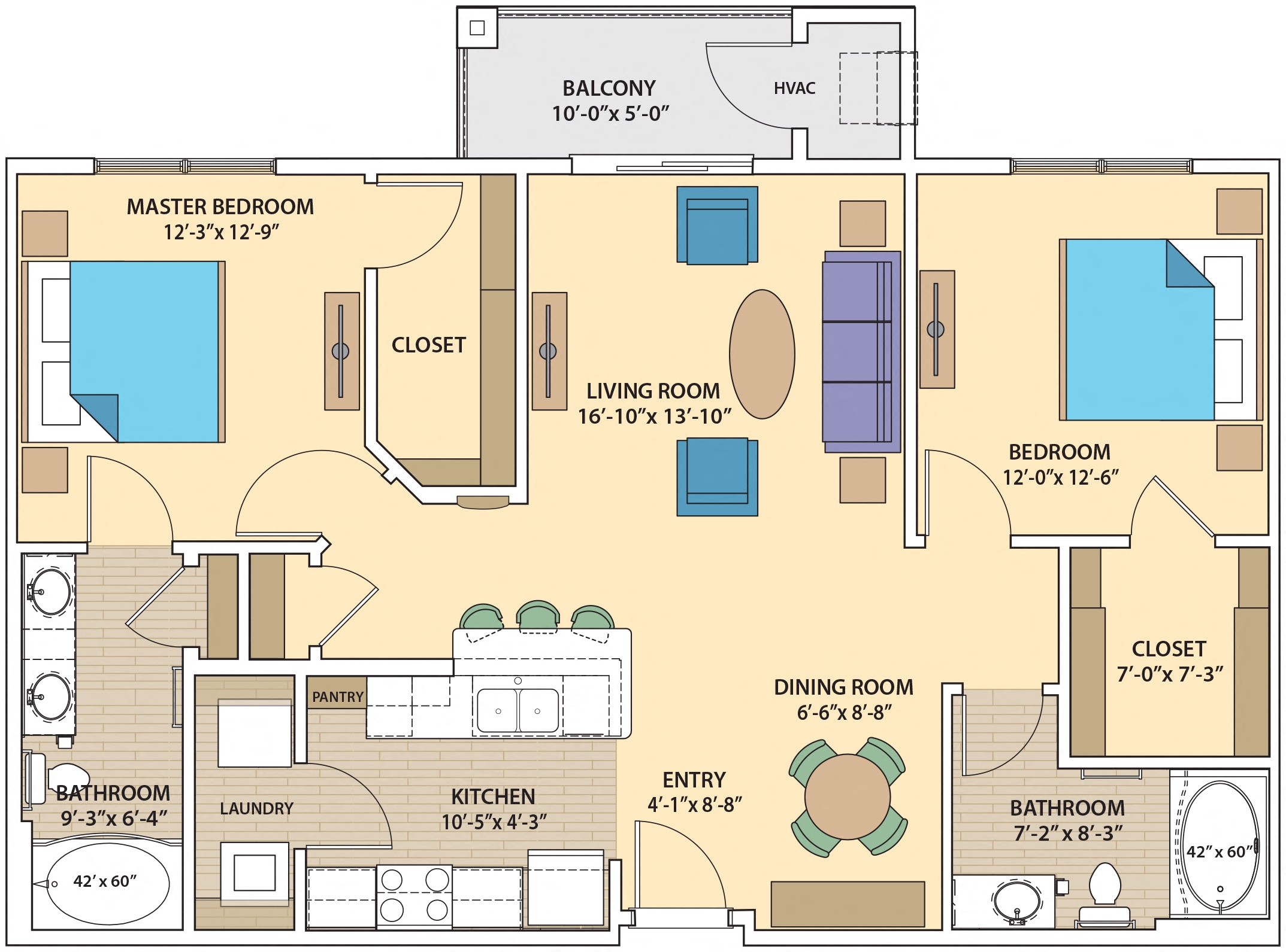 Floor plan for 2 beds, 2 baths, 1179 sqft